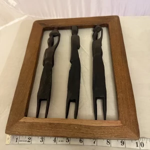 Vintage African Wood Carved Family Figures In Frame