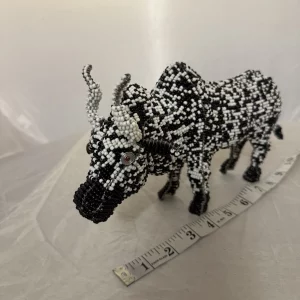Handmade Black And White Bead And Wire Bull Figure