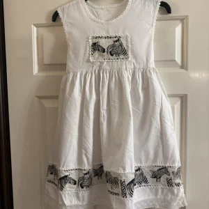 Girls Dress White And Black Zebra Motif . Pure Cotton Dress. Fits Ages 7-8